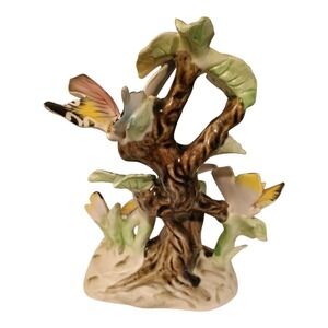 Ucagco Vintage Ceramic 6.5" Three Butterflies Tree Blue Bug Pink Flower Figurine